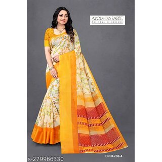 Yellow Colour Flower Cotton Silk Saree With Blouse Piece view 2
