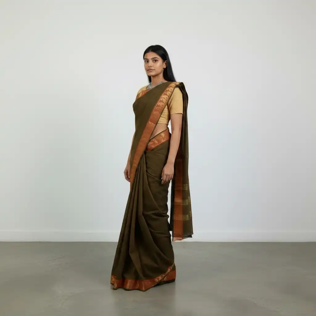 Handwoven Kanchipuram Cotton Saree with Golden Woven Border view 2