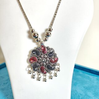 Elegant Long Pendant Style Oxidized Silver Tone Necklace and Earrings Set Brass Alloy Necklace with Earrings for Women view 2