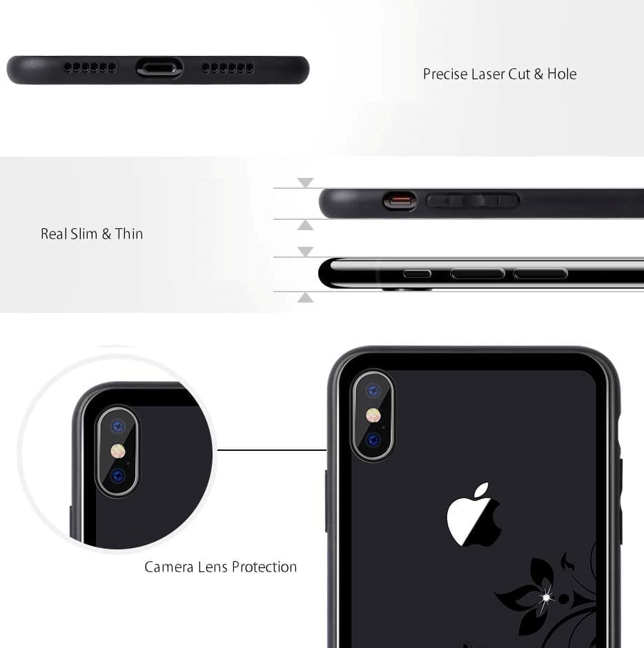 Memumi Crystal Series Tempered Glass Back Cover for Apple iPhone Xs - Flower-Black) (5.8") view 2