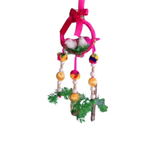 Pink Birdcage Hanging Ornament with Pearl Beads & Birds view 2