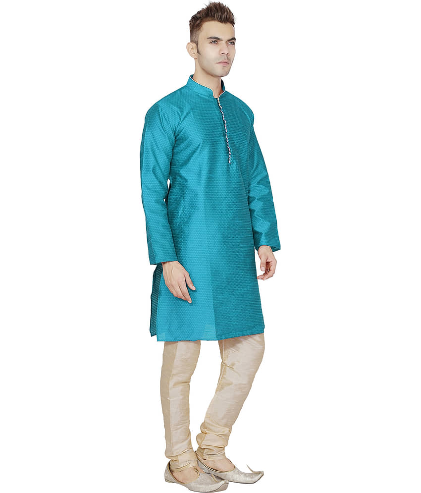 SKAVIJ Turquoise Silk Blend Kurta Pyjama Set view 2