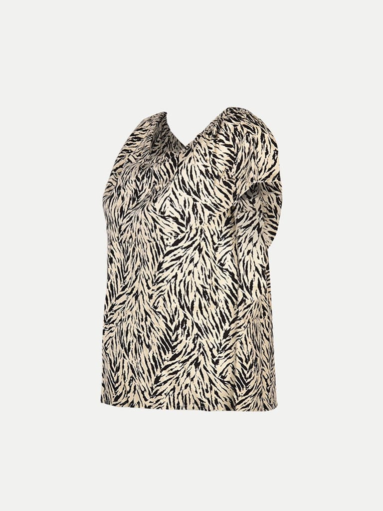 Women Beige Zebra Pattern Cap Sleeve Tops view 2