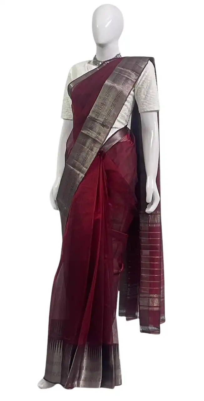 Mangalgiri Wine Red Silk Cotton Saree Temple Zari Border view 2