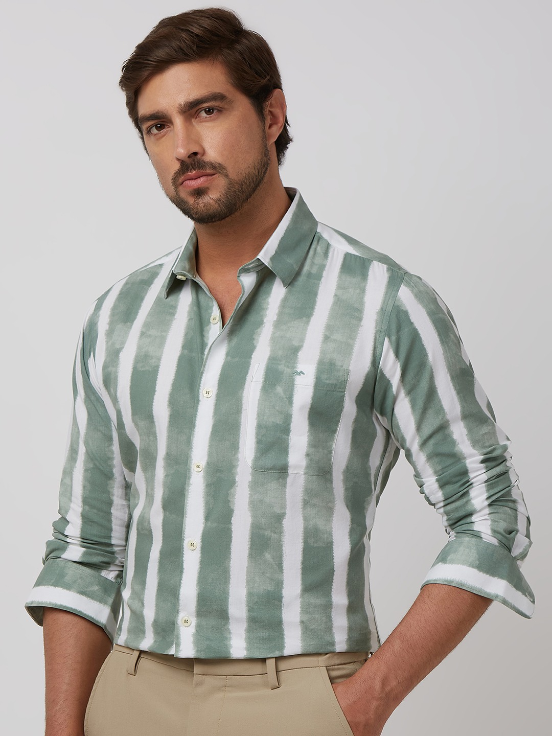 Green Painted Stripe Slim Fit Casual Shirt view 2