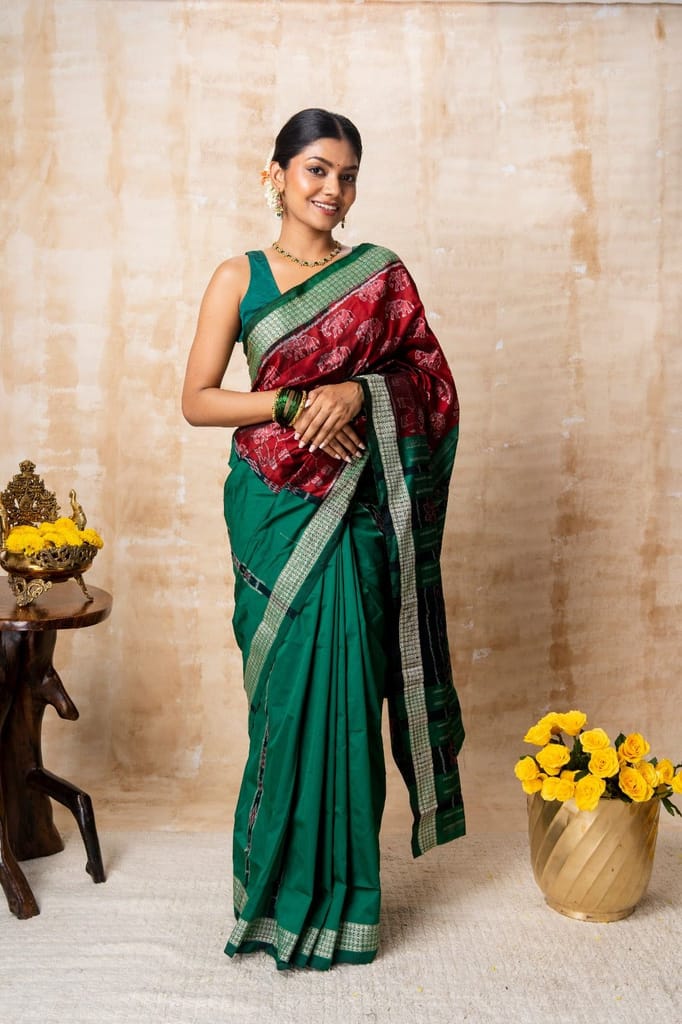 Red & Green Elephant Motif Silk Saree view 2