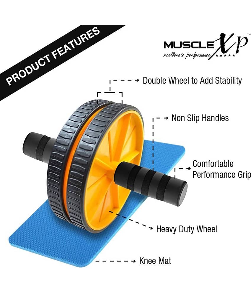 MuscleXP DrFitness+ AB Wheel Roller With Knee Mat, Stainleess Steel Rod, 6mm Knee Mat, To Tighten Abs, Strengthen Core Muscles, Tone Arms, Shoulder, Back (Black / Yellow) view 2