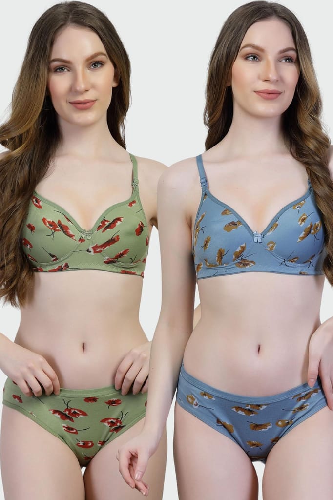 Pack of 2 Floral Print Cotton Bra Panty Set | Women�s Padded Lingerie view 2