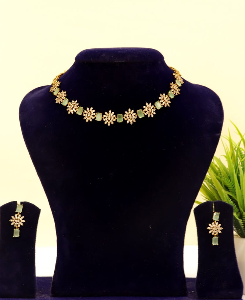 American Diamond and Green Stone Necklace Set in Gold view 2
