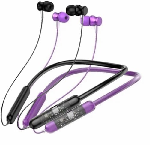 BT Transparent Stereo Battery Life 72 hrs Neckband Call Vibration Alart Bluetooth Headset (Pack of 2) Black And Purple