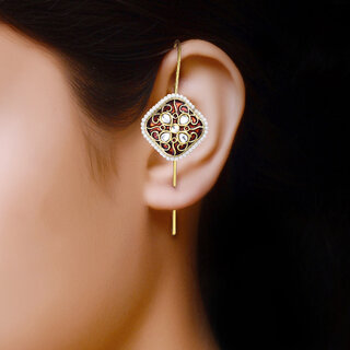 Vivastri Enamelled Polki Kundan Gold Plated Pearl Alloy Ear cuff,Cuff Earrings for Women & Girls - VIVA2815ERG view 2