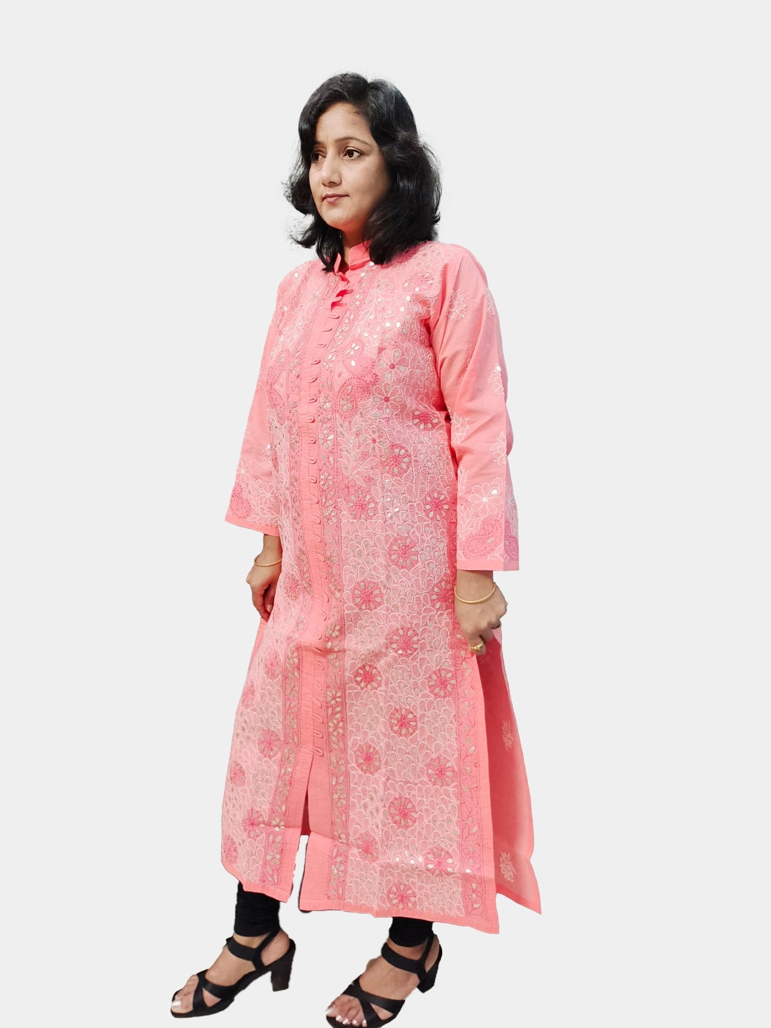 TheHangr Dual Thread Hand Embroided Orange Cotton Lucknowi Chikankari Kurti view 2