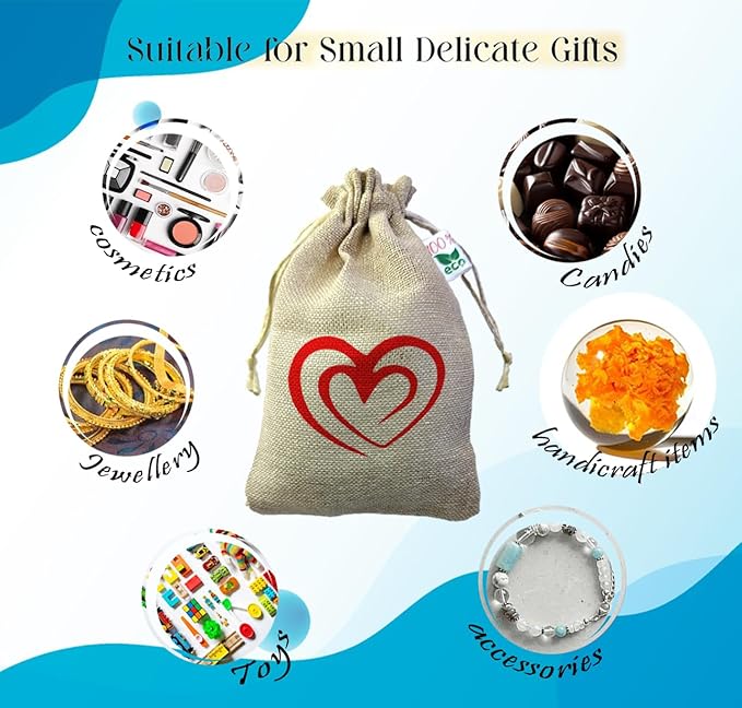 Ivarian - Potlis for return gifts, jute potli bags, Drawstring Potli pouches (13x18cms, Heart, Set of 25) view 2