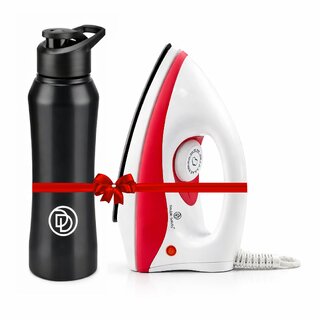 Double Safety Red Phuket Dry Iron 1000W with Stainless Steel Water Bottle Combo | Clothes Press Iron | Durable Leak-Proof Bottle | 2-Year Warranty | Budget Combo Pack