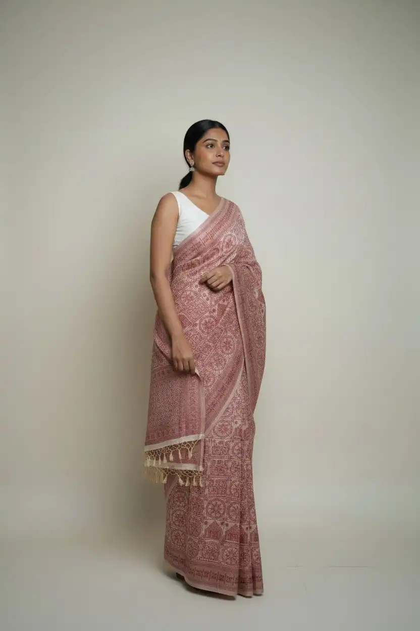 Pattachitra Cotton Saree Cream Maroon Wheel Medallion view 2