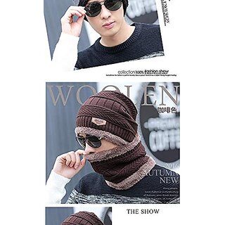 Snow Proof Inside Fur Wool Unisex Beanie Cap with Neck Warmer Winter Hat for Men Women (Multi Color) view 2