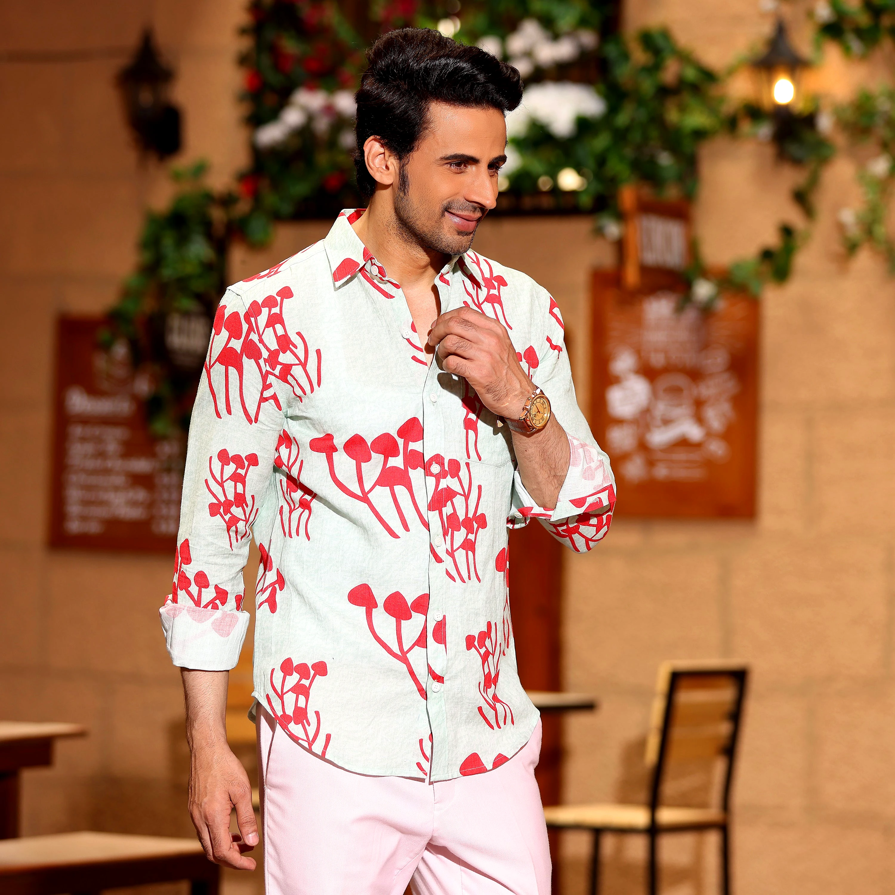 Mushroom Bunch Pistachio Green Casual Pure Linen Full Shirt (Size - XL) by BLUE EAGLE view 2