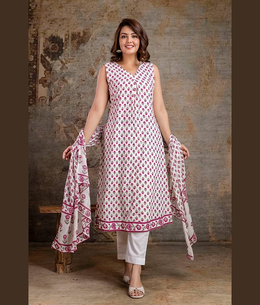 Shivaradhya designers Women Cotton Printed A-line Kurti With Pants ( Off White ) view 2