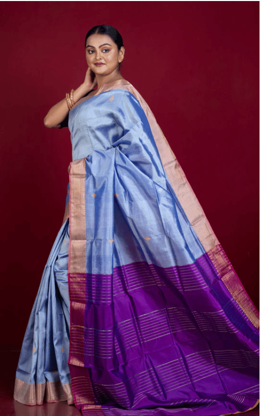 Light Blue Handloom Pure Silk Saree With Blouse Piece Online at Best Price in India view 2