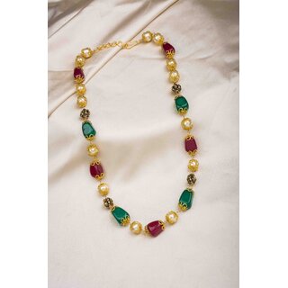 Single Layer Pearl Necklace with Red and Green Beads view 2