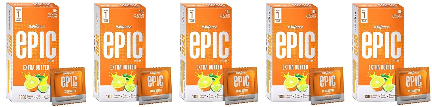 Manforce Epic Passion Extra Dotted Premium Condoms For Men With 1800 Square Dots Fruit Punch Flavour Disposable Pouch (10 Counts) Orange x pack of 5 view 2