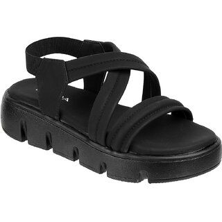 Lazera Black Platform Sandals for Women Padded Multi Strap PVC Sole Casual Wear view 2