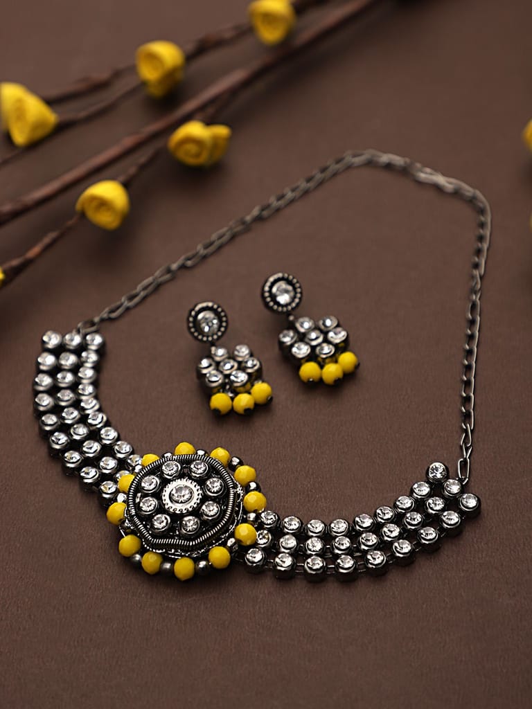 Cardinal Yellow Color Stone Oxidized Silver Oxidized Choker Necklace Set view 2