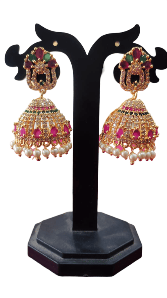 Stunning Gold Plated Kundan and Pearl Jhumka Earrings with Ruby Stones view 2