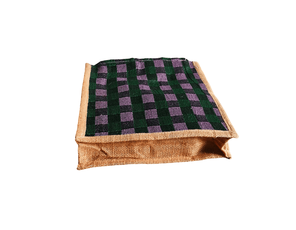 Purple and Green Checkered Jute Tote Bag view 2