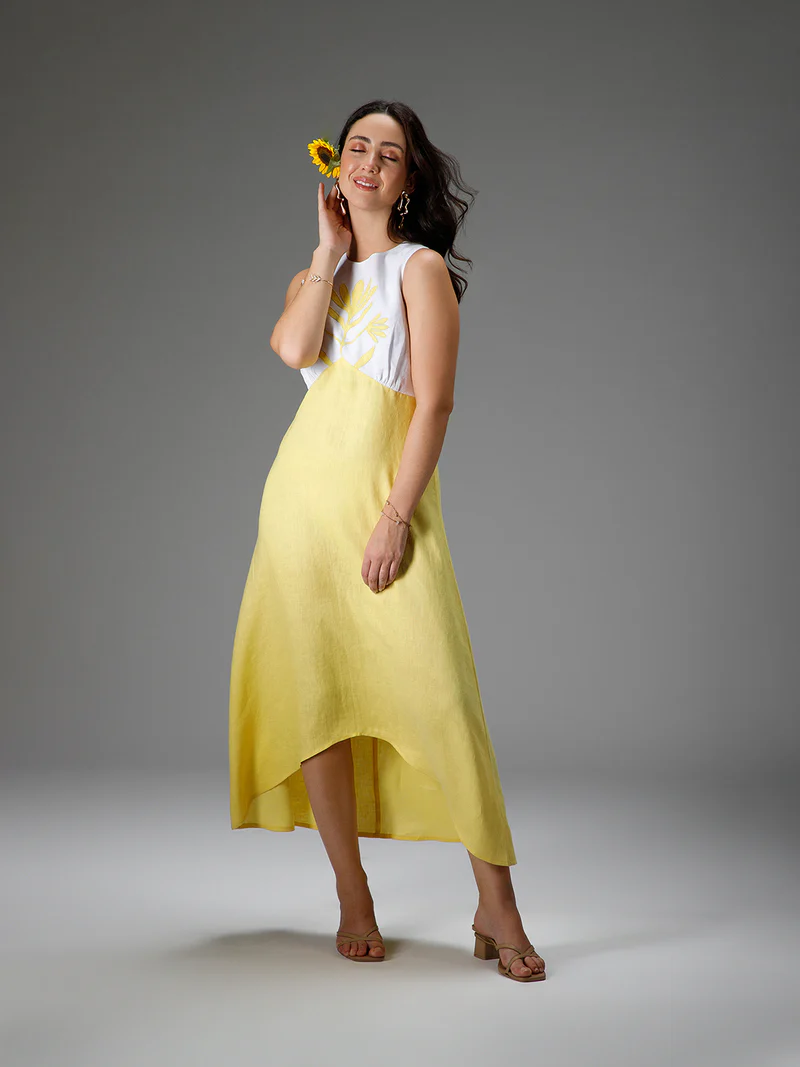 SOLEIL Hi-Low Embroidered Cotton Linen Dress | Sustainable Womens Fashion