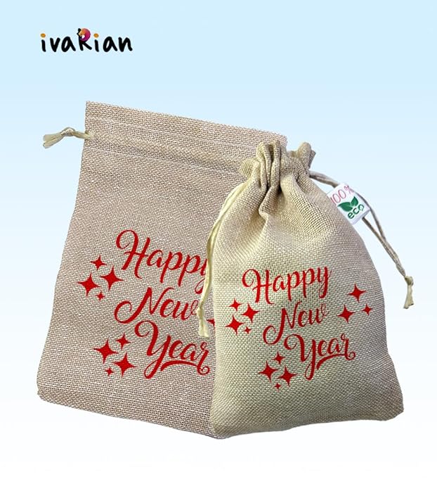 IVARIAN - Jute Potli Bag, Happy New Year, Return Gifting Bag (16x24cms Set of 50, New Year) view 2