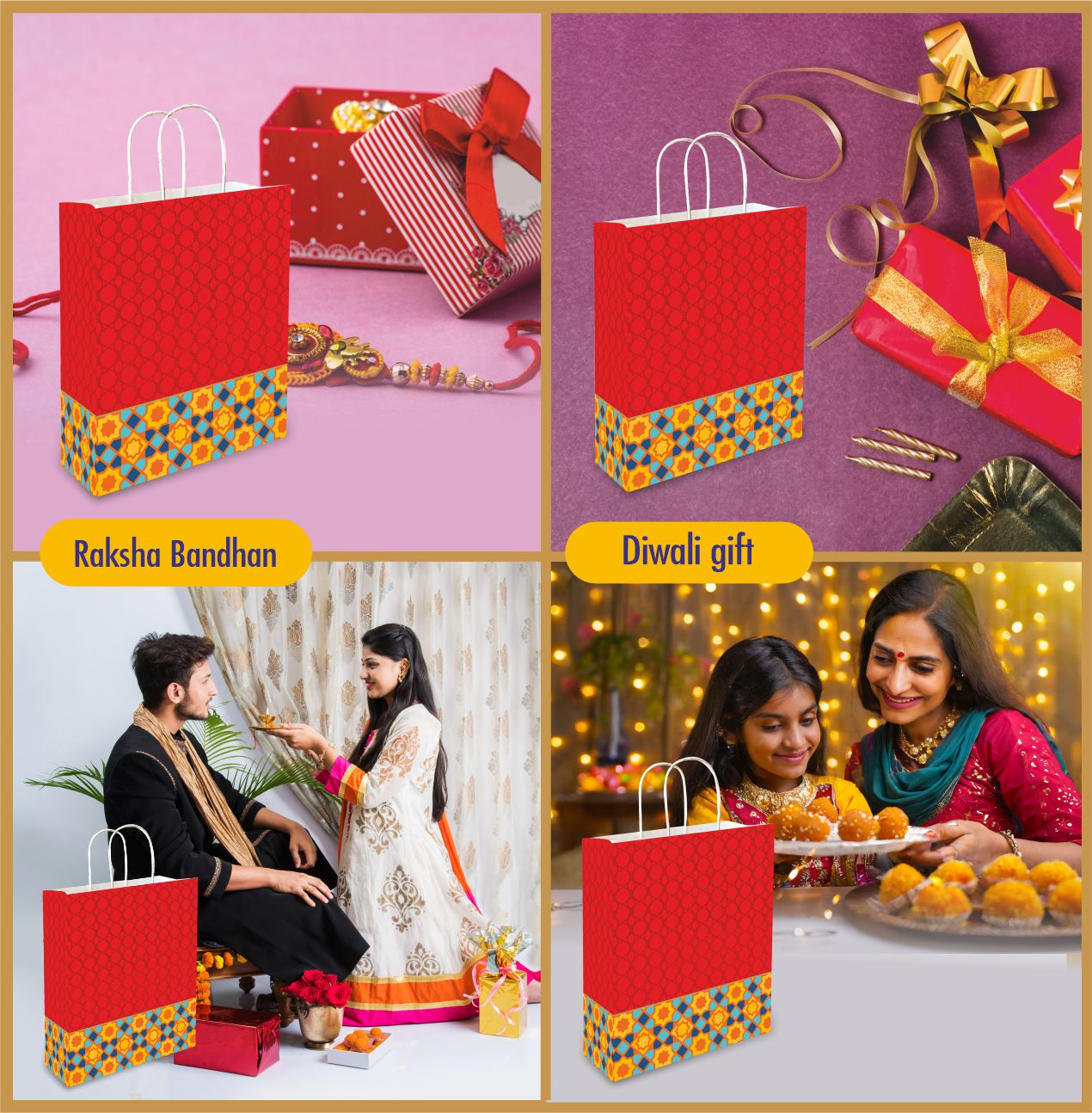 Red Printed Celebration Paper Gift Bags, Ideal for Raksha Bandhan Gifting, Wedding Gifts, Diwali Gifts & Gifting on Special Occasions (Size: 11.4 x 9.4 x 4.7 inch) - Set of 25 view 2
