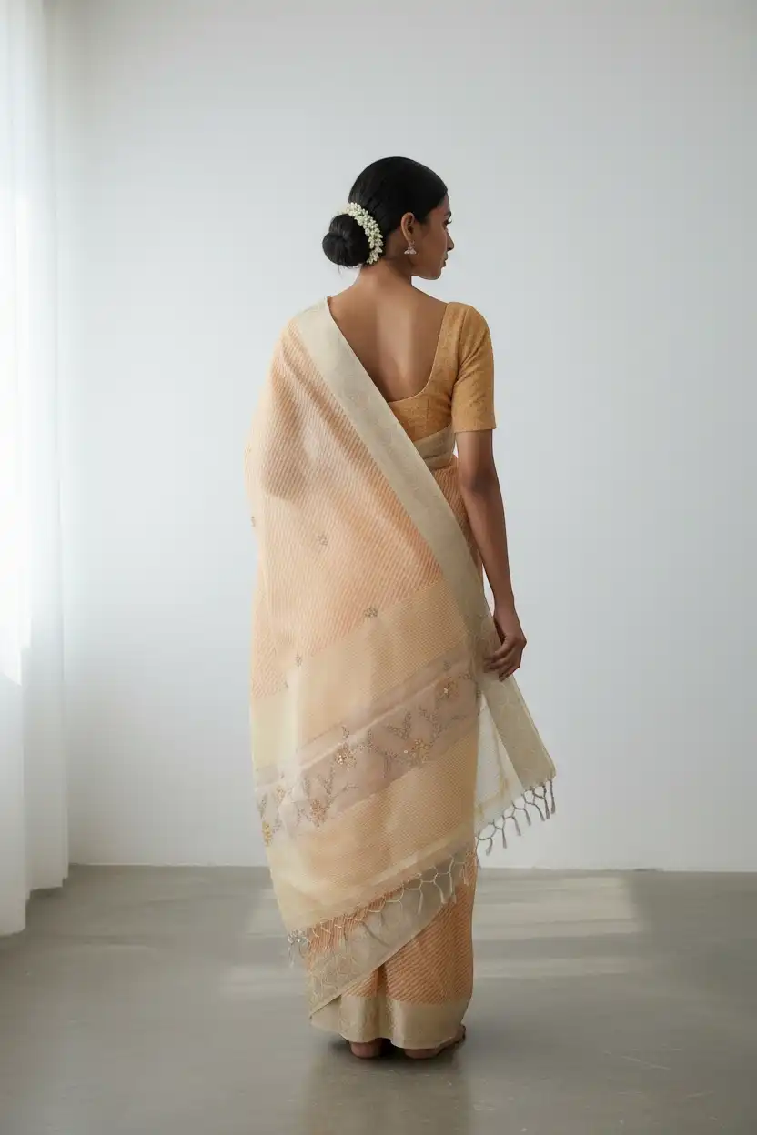 Peach Kota Doria Saree with Zari Border and Floral Pallu view 2