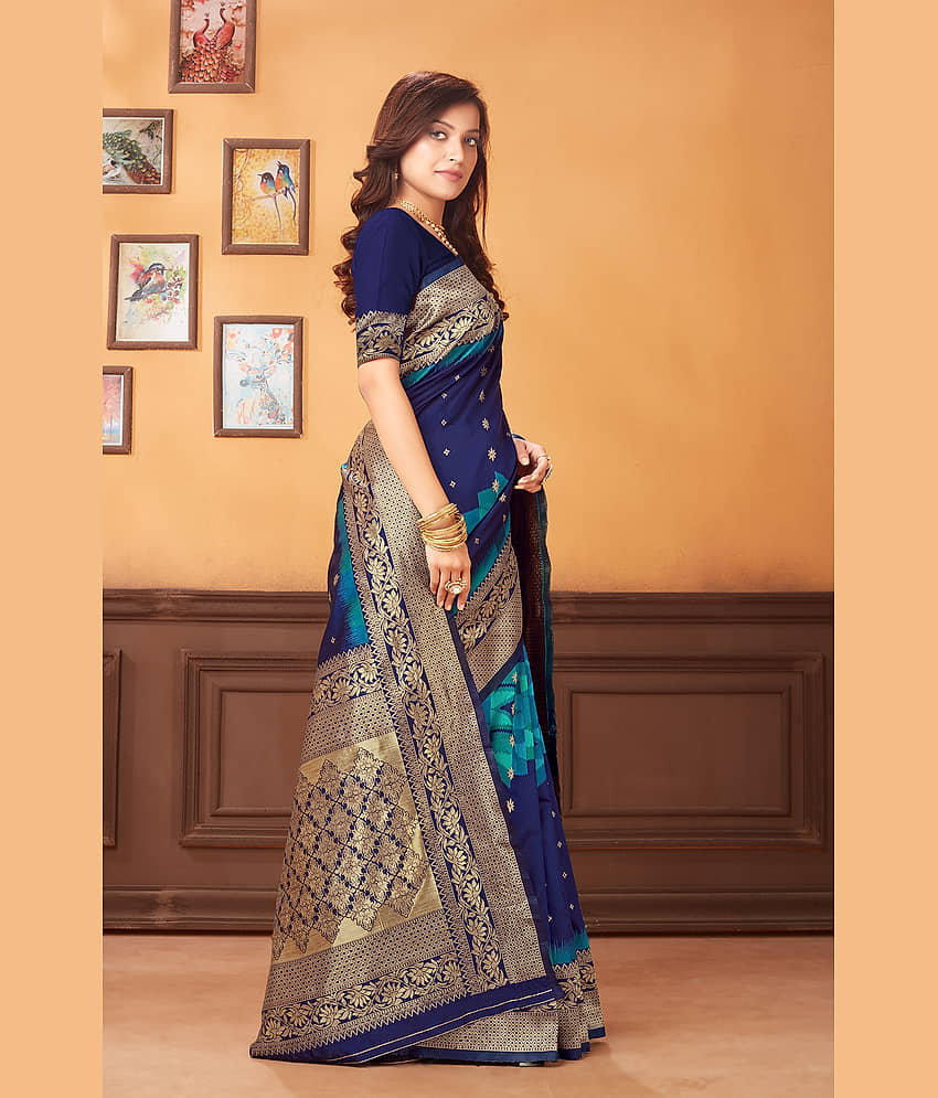 BLEESBURY Banarasi Silk Embellished Saree With Unstitched Blouse Piece ( Navy Blue ) view 2