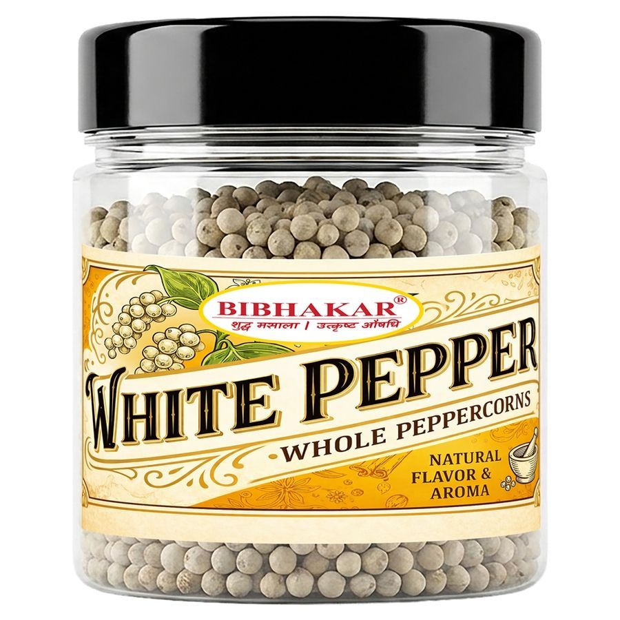 Idukki White Peppercorns 250g - High Piperine Whole Berries from Kerala, India - Airtight PET Jar | Bibhakar Spices - 250 gm - One jar of peppercorns