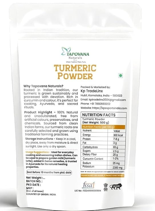 Tapovana Naturals Pure Turmeric Powder 500g Pouch view 2