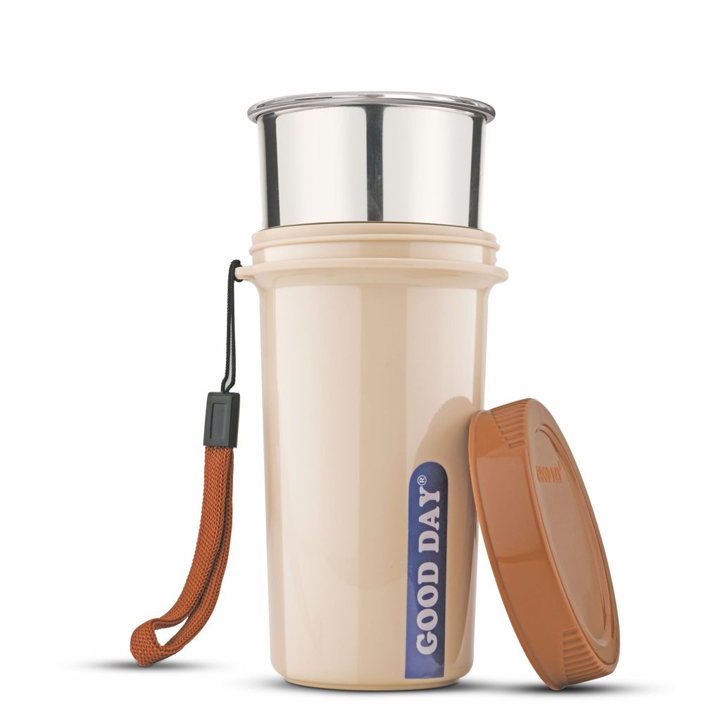 Good Day Easy Meal Tumbler with Strap & Inner Steel Glass, Reusable Travel Mug,Perfect for Coffee, Tea, and Juices , Grey view 2