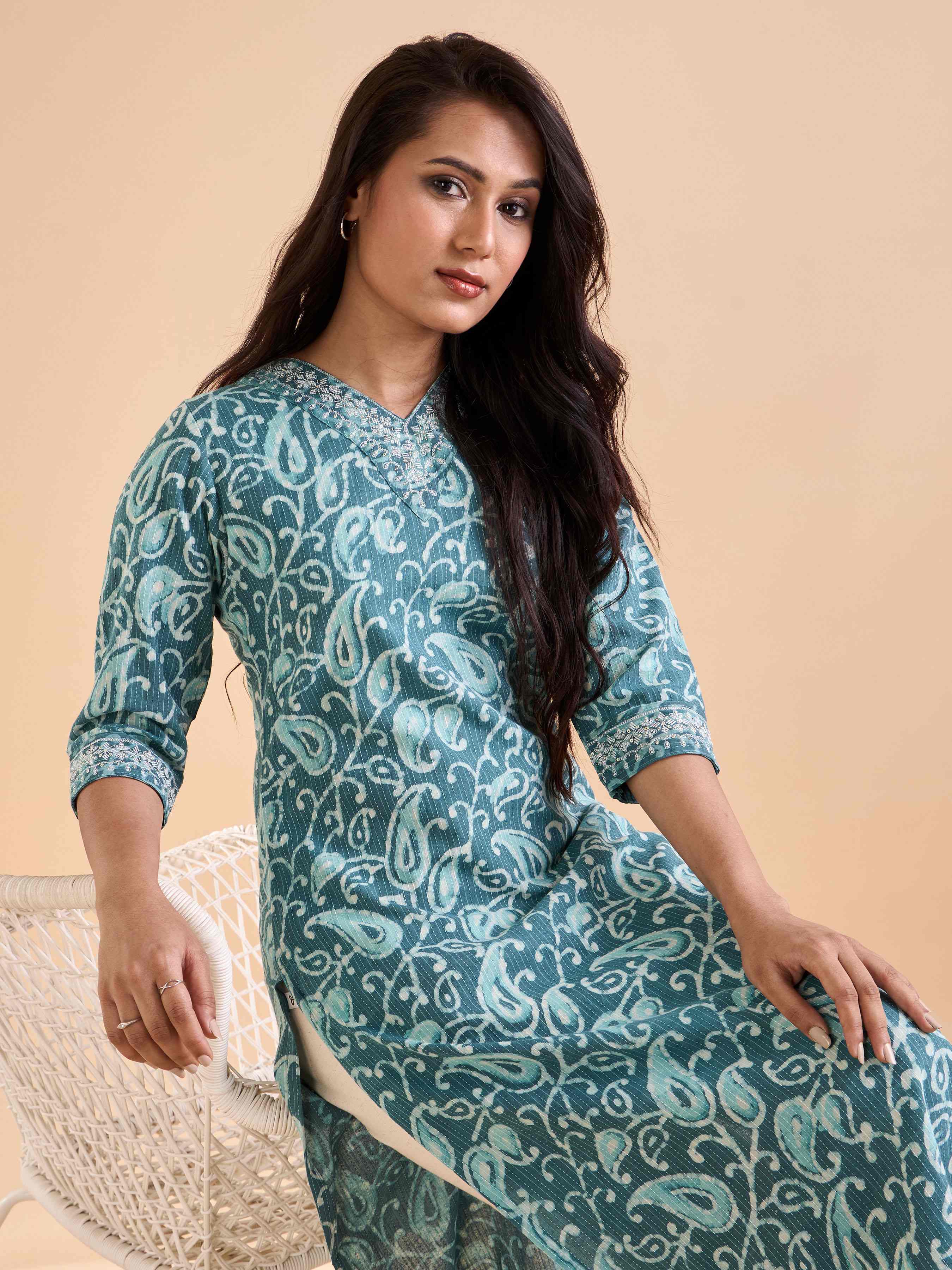Aquagreen Cotton Katha Printed Kurthi With Embroidery Sequins Work view 2