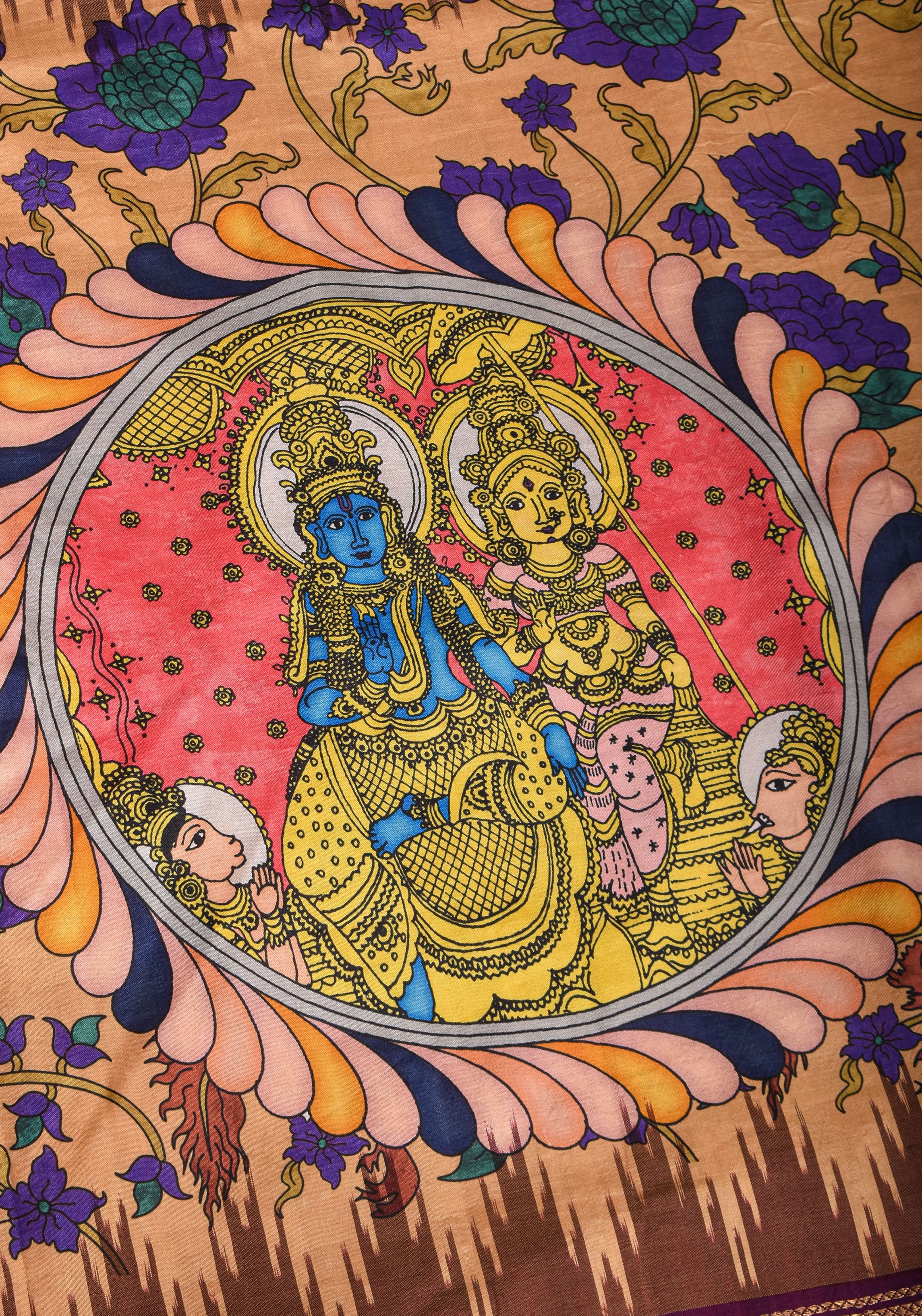 Radha Krishna Design Authentic Pen Kalamkari on Pure Silk Saree with Ikkat pallu | SILK MARK CERTIFIED view 2