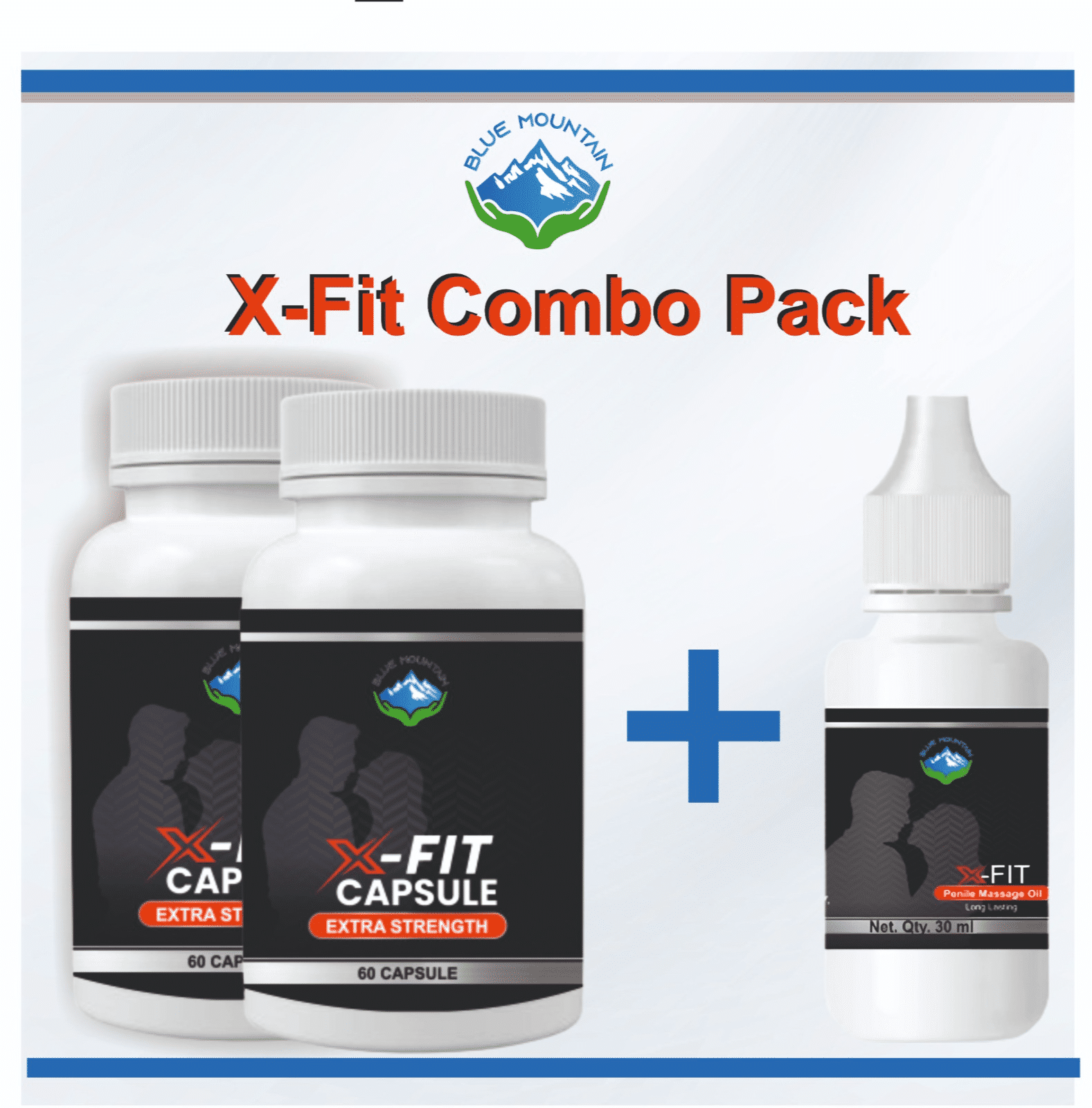 BLUE MOUNTAIN X- Fit Combo Pack, 60 Capsule Each - Pack of 2 Jar + Penile Massage Oil, 30 ml