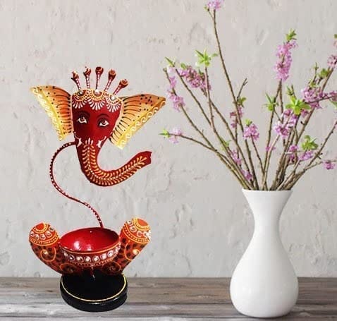 Kusum Art and Crafts Iron haind Painted Multicolor Rajasthani Tea Light Ganesha (Red, Iron) view 2