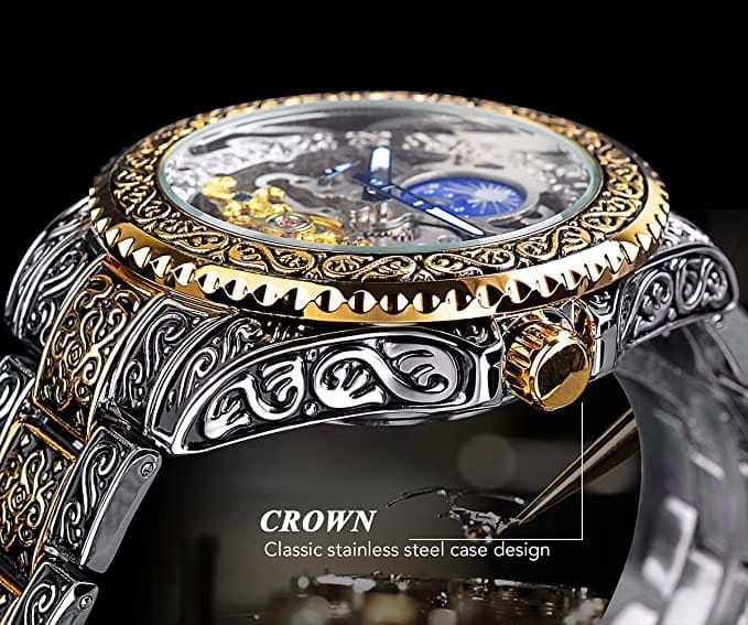 Forsining Série Mystère d'Art Vintage Engraved Rotatable Bezeled Self Winding Automatic Tourbillon Blue Moon Mechanical Stainless Steel Analog Watch - For Men view 2