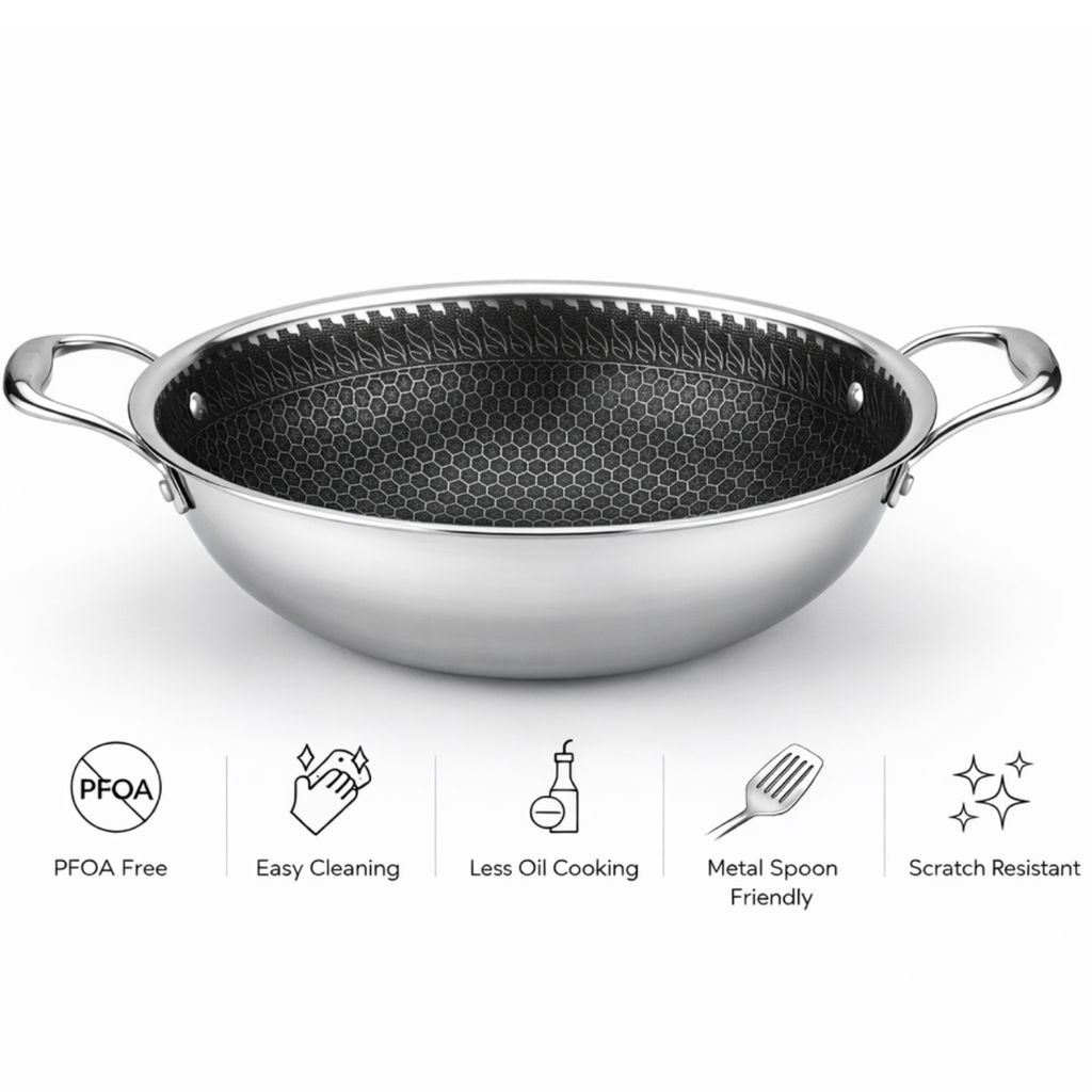 Triply Honeycomb Kadhai with Lid | Stainless Steel Honeycomb Kadhai | Induction & Gas Friendly | Even-Heat 3-Ply Cookware for Healthy Indian Cooking (22cm / 24cm / 26cm)