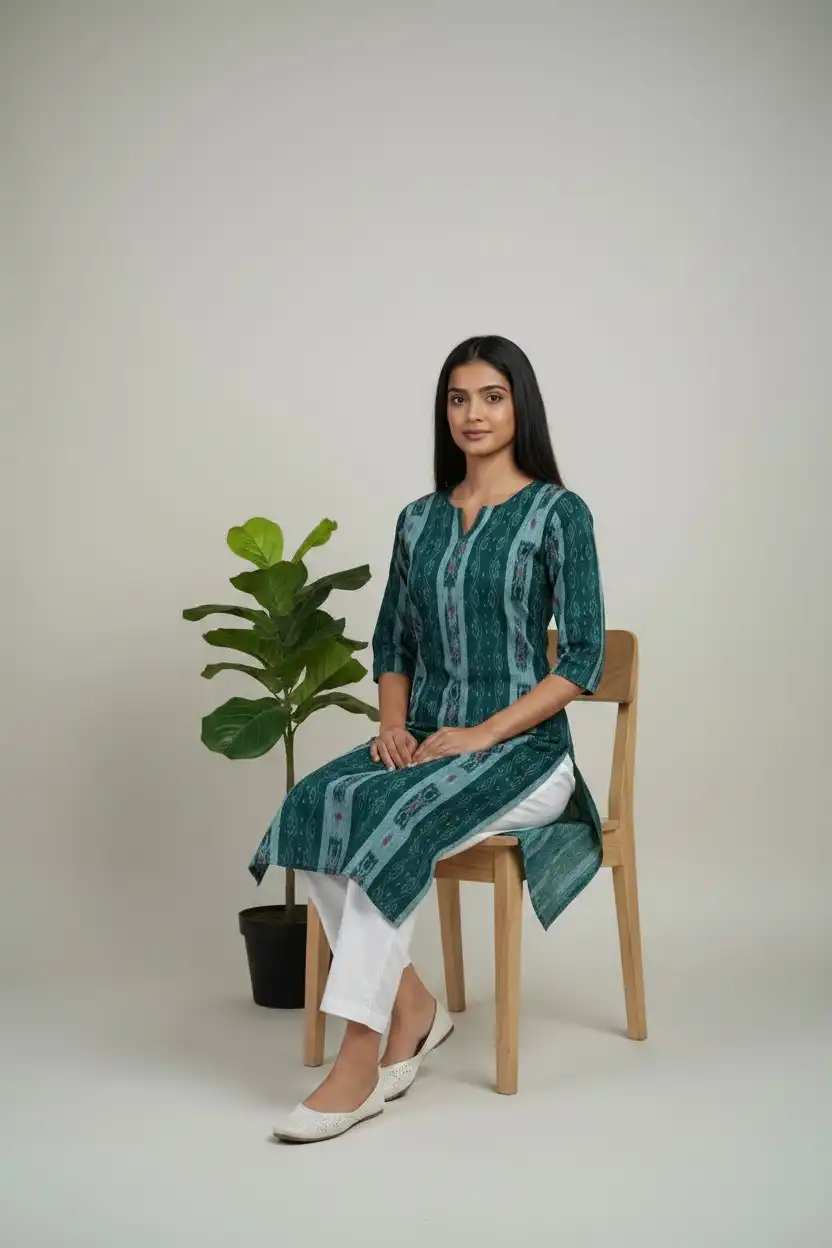 Sambalpuri Ikat Forest Green Cotton Kurti