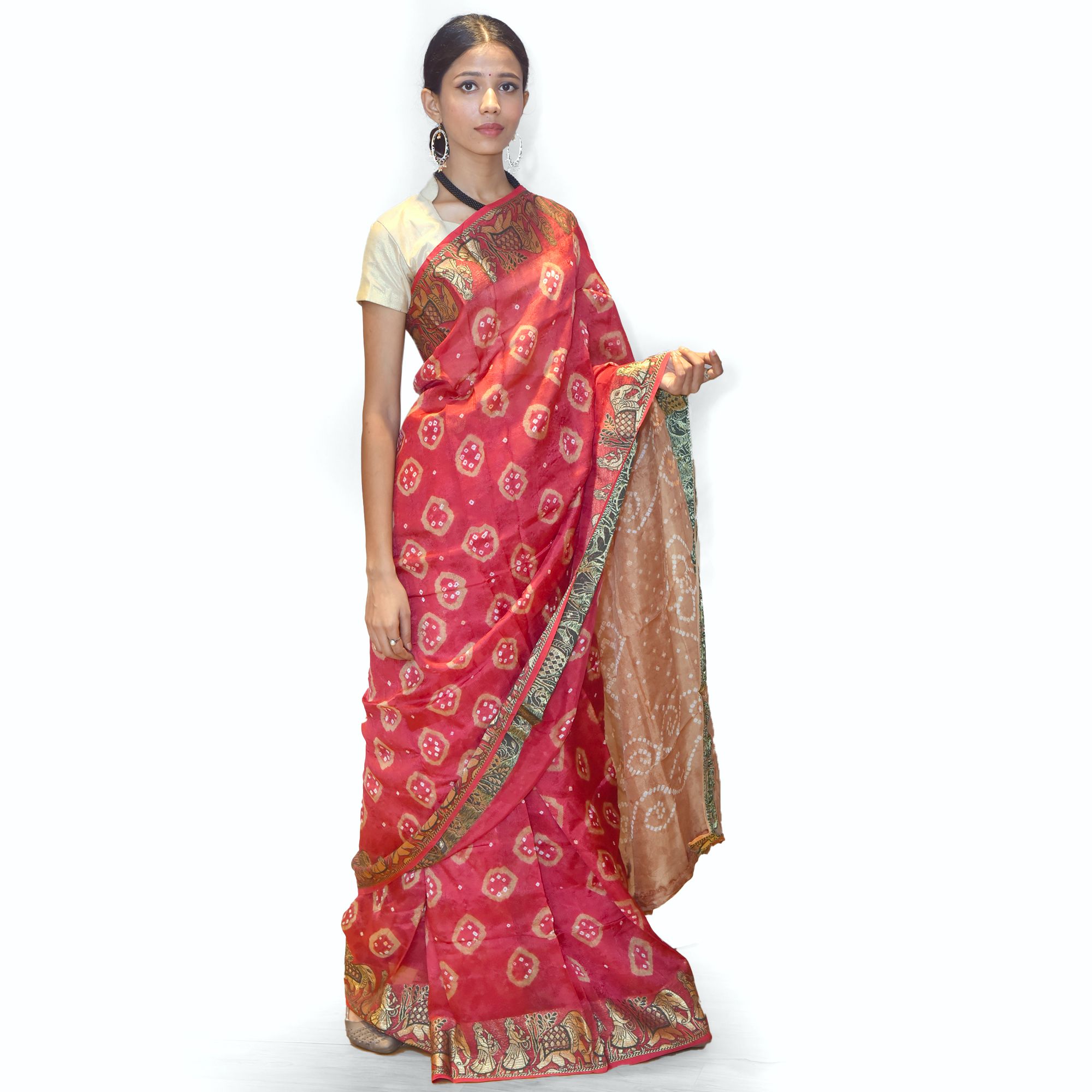 Tribes India Handwoven Red Bandej Flowring Saree view 2