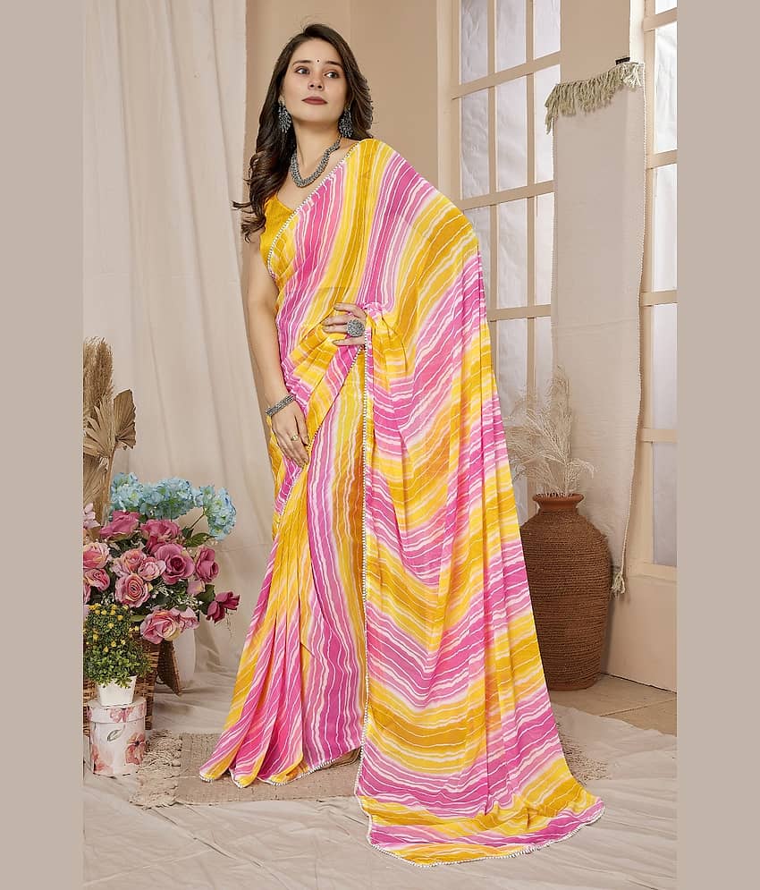 BLEESBURY Georgette Printed Saree With Unstitched Blouse Piece ( Yellow,Multicolour ) view 2