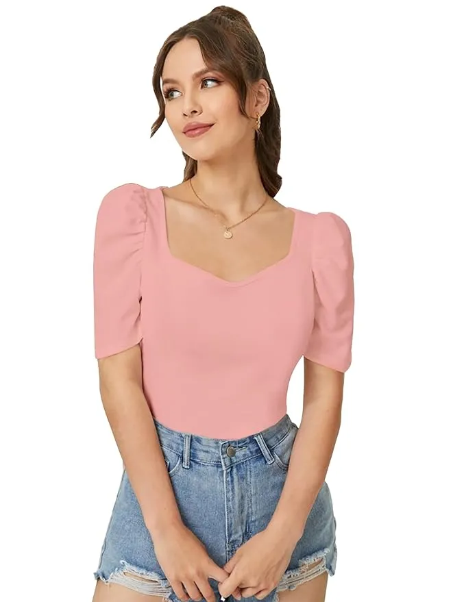 Women's Sweet Heart Neck Balloon/Puff Bishop Sleeve Elegant Casual Tee Top