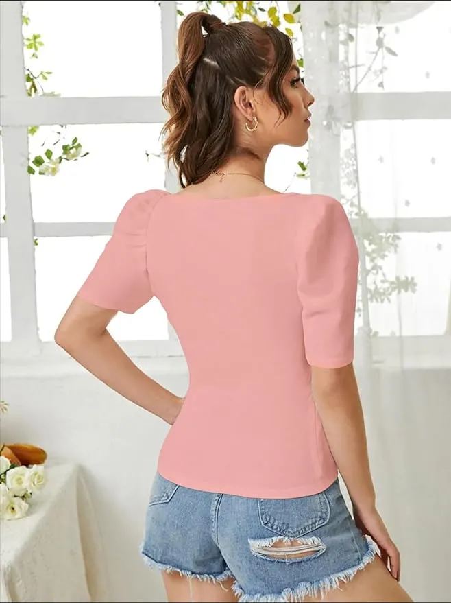 Women's Sweet Heart Neck Balloon/Puff Bishop Sleeve Elegant Casual Tee Top view 2