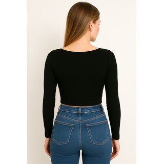 ATLIES Womens Black Ribbed Long Sleeve Crop Top view 2