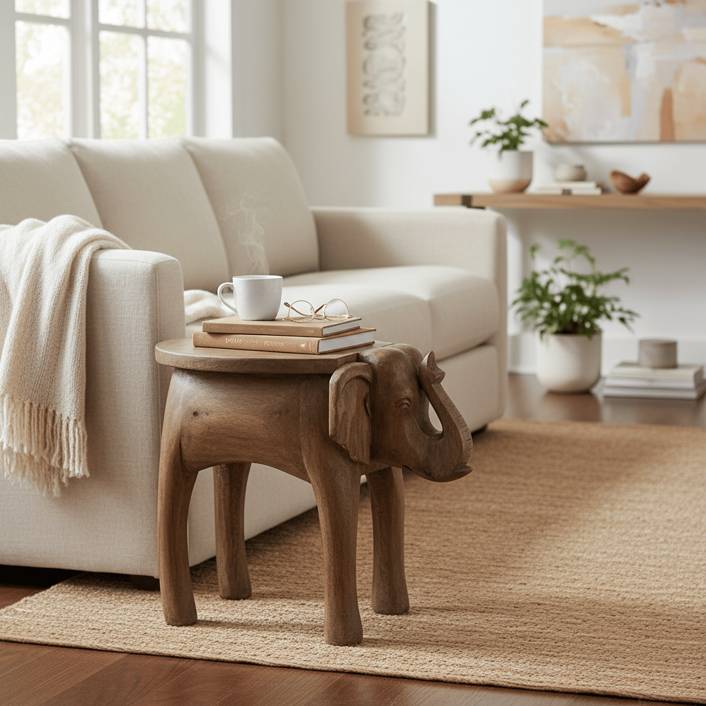 Handcrafted Wooden Side Table Natural Brown | Elephant Shaped view 2